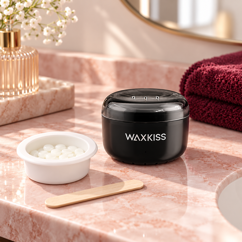 Mini wax warmer on a bathroom vanity
