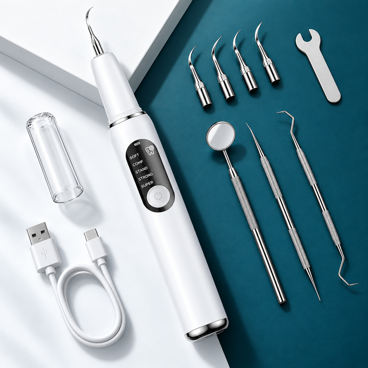 White electric oral cleaning device and kit